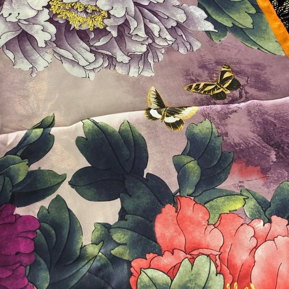 Floral Silk Scarf with Orange Border - Picture 5 of 7